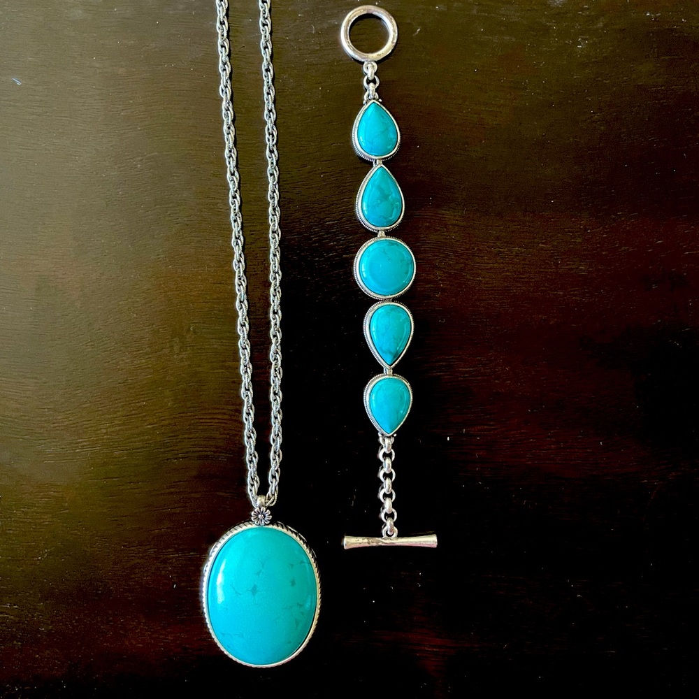 Lucky Brand Turquoise Stone Necklace and Bracelet